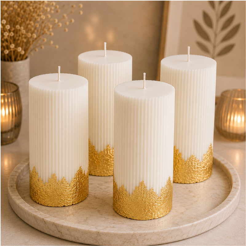 Ribbed Pillar Candle with Gold Foil Base