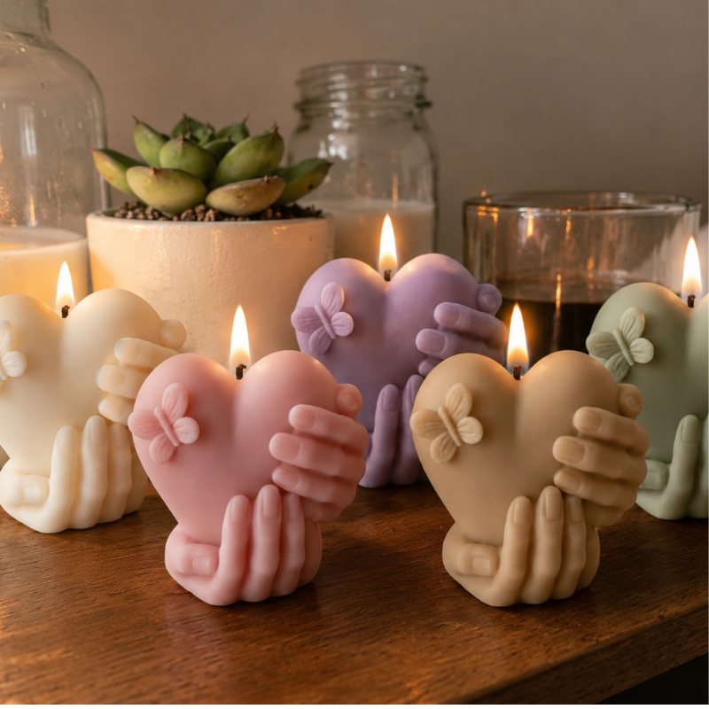Romantic Heart Candle in Holding Hands Design – Handmade Decorative Scented Candle with Butterfly Detail
