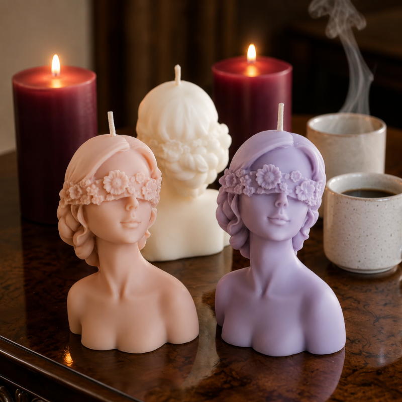 Blind Fold Lady Candles,Flower Girl Candle,Closed Eye Women Face Shape Candle -  Set of 2