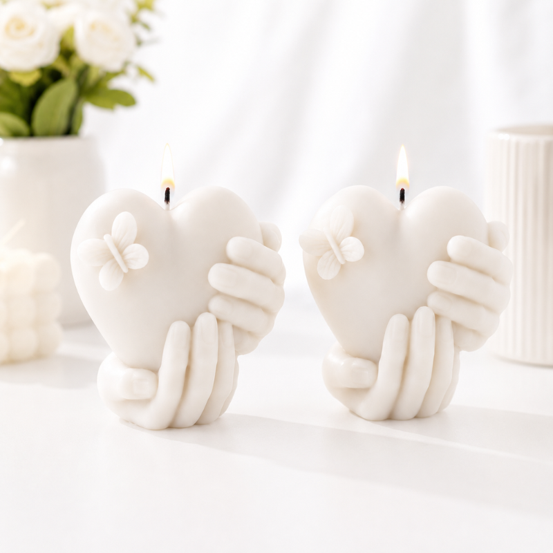 Romantic Heart Candle in Holding Hands Design – Handmade Decorative Scented Candle with Butterfly Detail