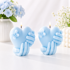 Romantic Heart Candle in Holding Hands Design – Handmade Decorative Scented Candle with Butterfly Detail