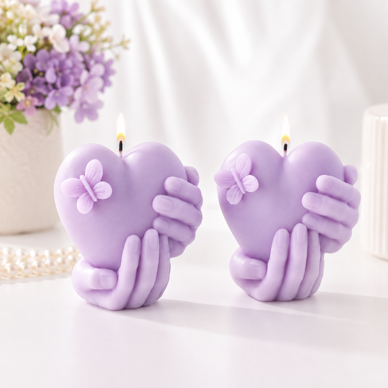 Romantic Heart Candle in Holding Hands Design – Handmade Decorative Scented Candle with Butterfly Detail