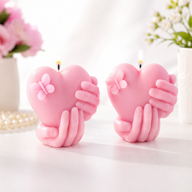 Romantic Heart Candle in Holding Hands Design – Handmade Decorative Scented Candle with Butterfly Detail
